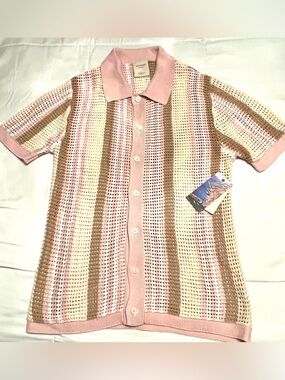 Massive Luxury Pink, Cream & Brown Striped Crochet Polo Shirt-100% Cotton-Med